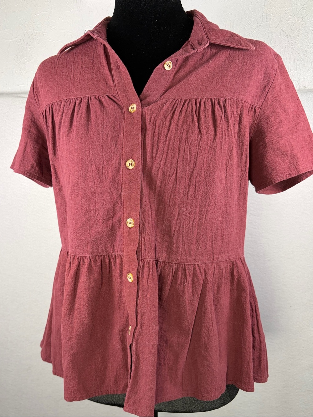 Everly Short-Sleeve Button Front Peplum Top - Rose